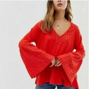 Free People | s | Parisian Nights bell sleeve top in vermilion red v-neck w lace